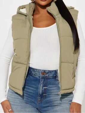 Fashion Nova Olive Green Puffer Hooded Vest